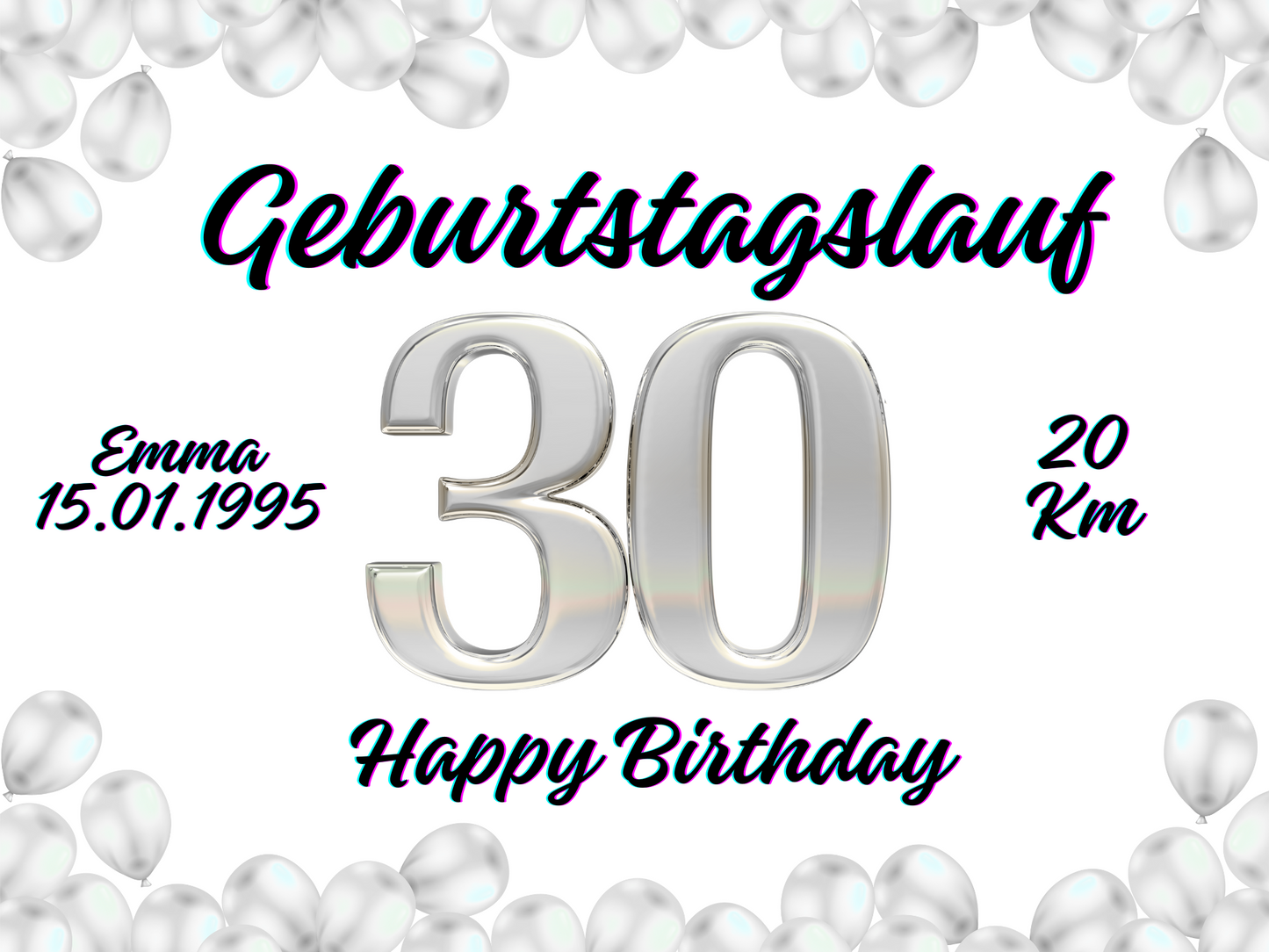 Bunte Startnummer für Geburtstag mit rosa-violetten Ballons