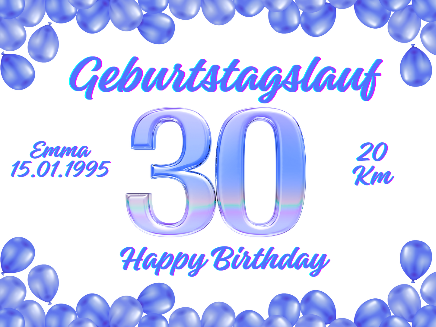 Personalisierte Geburtstagslauf-Startnummer mit Ballonmotiv und Zahl 30