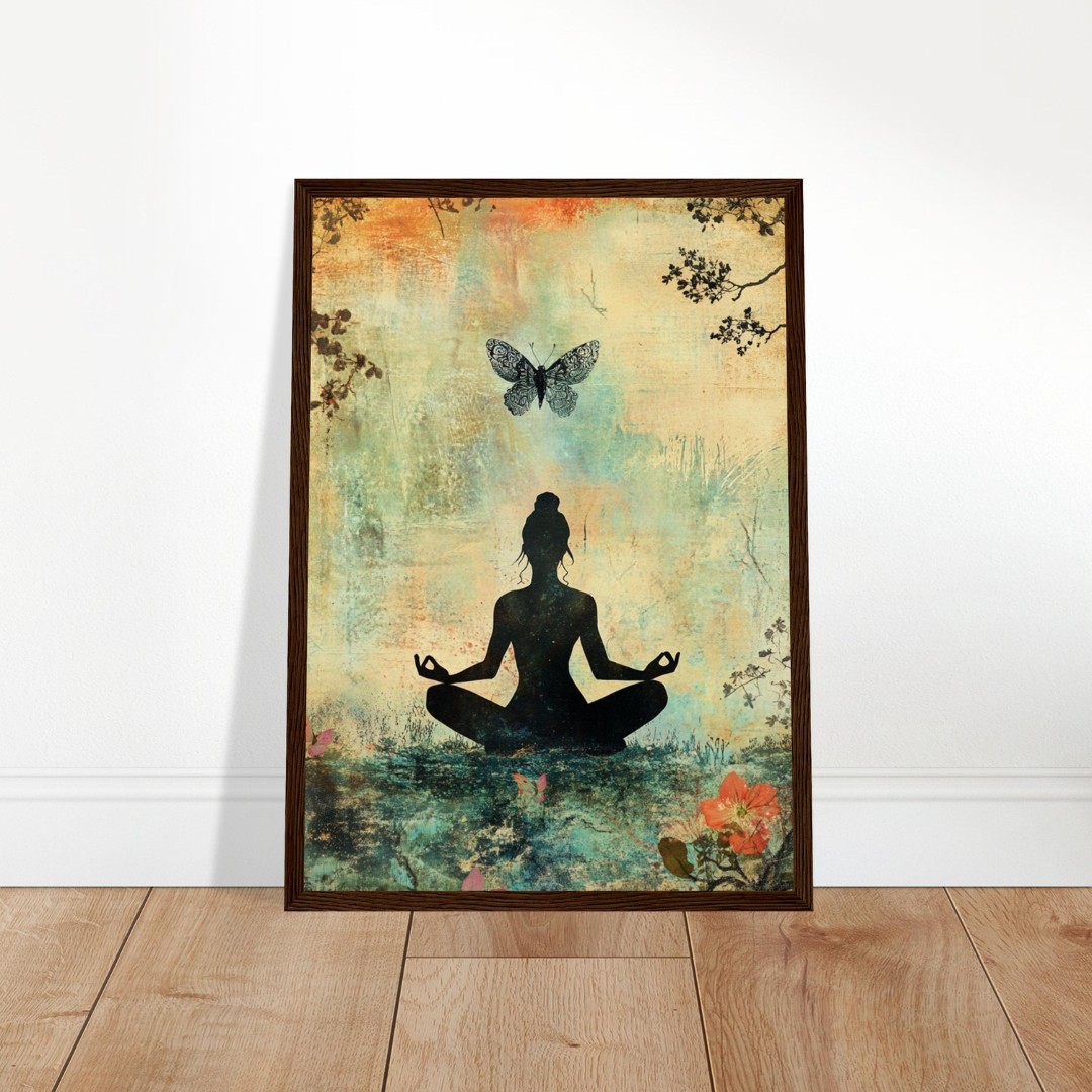 Meditationsposter mit Schmetterling und weiblicher Silhouette im Lotussitz