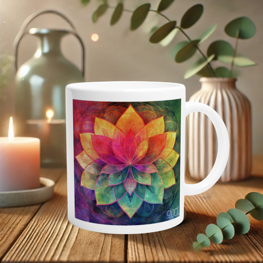 Tasse mit Chakra-Lotus Design auf weißem Hintergrund – ideal für Meditation & Morgenroutine