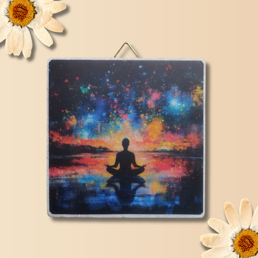 Meditationsfliese aus Naturstein mit spirituellem Motiv – Wanddeko Yoga