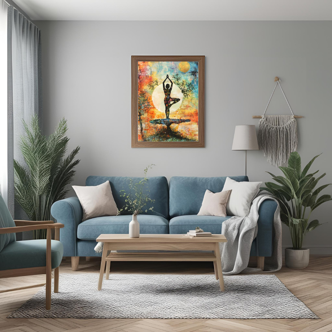 Farbintensives Yoga-Poster mit Frau in Baumhaltung vor Sonnenkreis