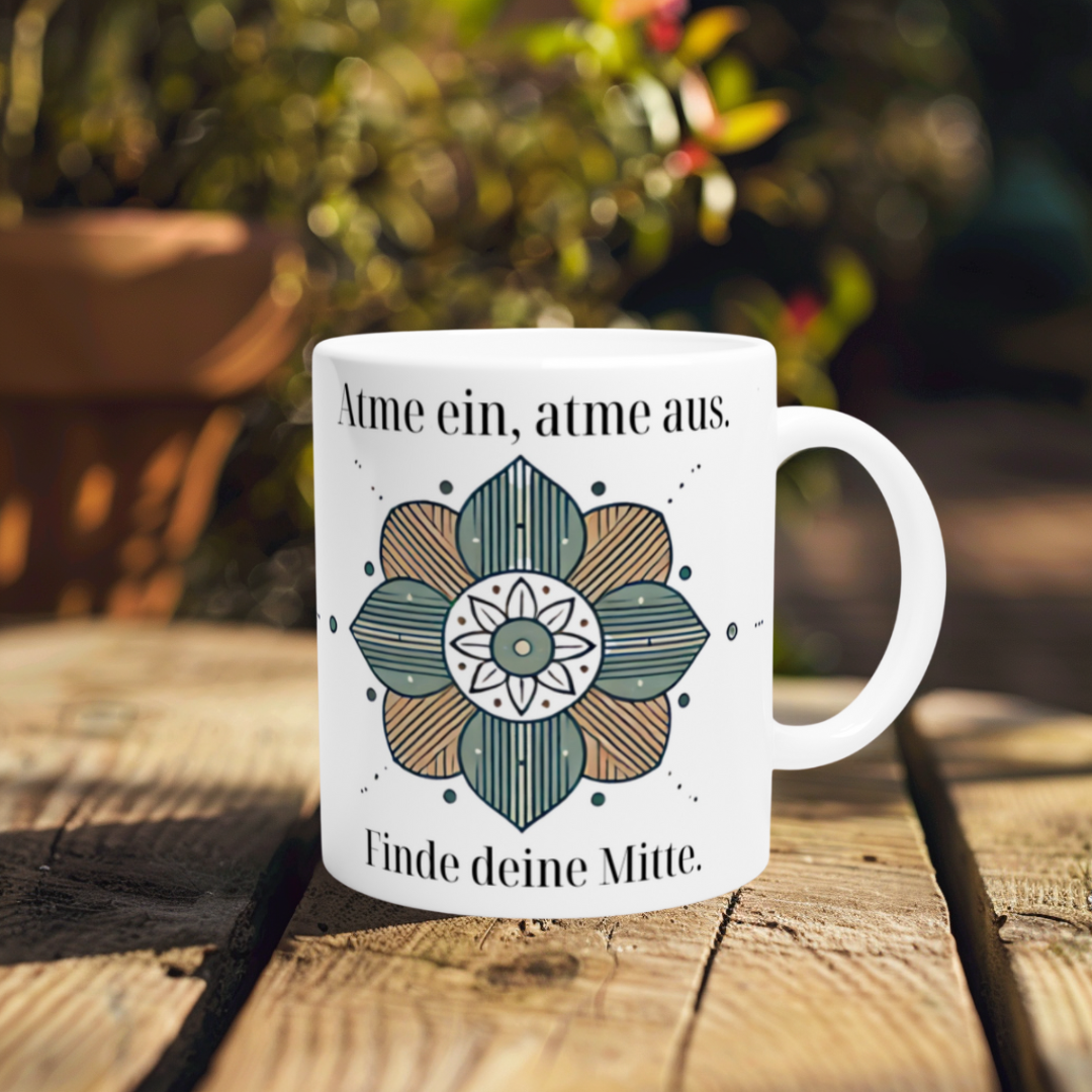 Weiße Tasse mit Spruch „Atme ein, atme aus“ und Mandala – ideal für Achtsamkeit & Meditation