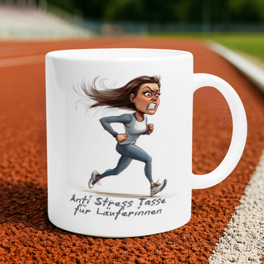 Comic-Tasse mit wütender Läuferin und Anti-Stress-Spruch