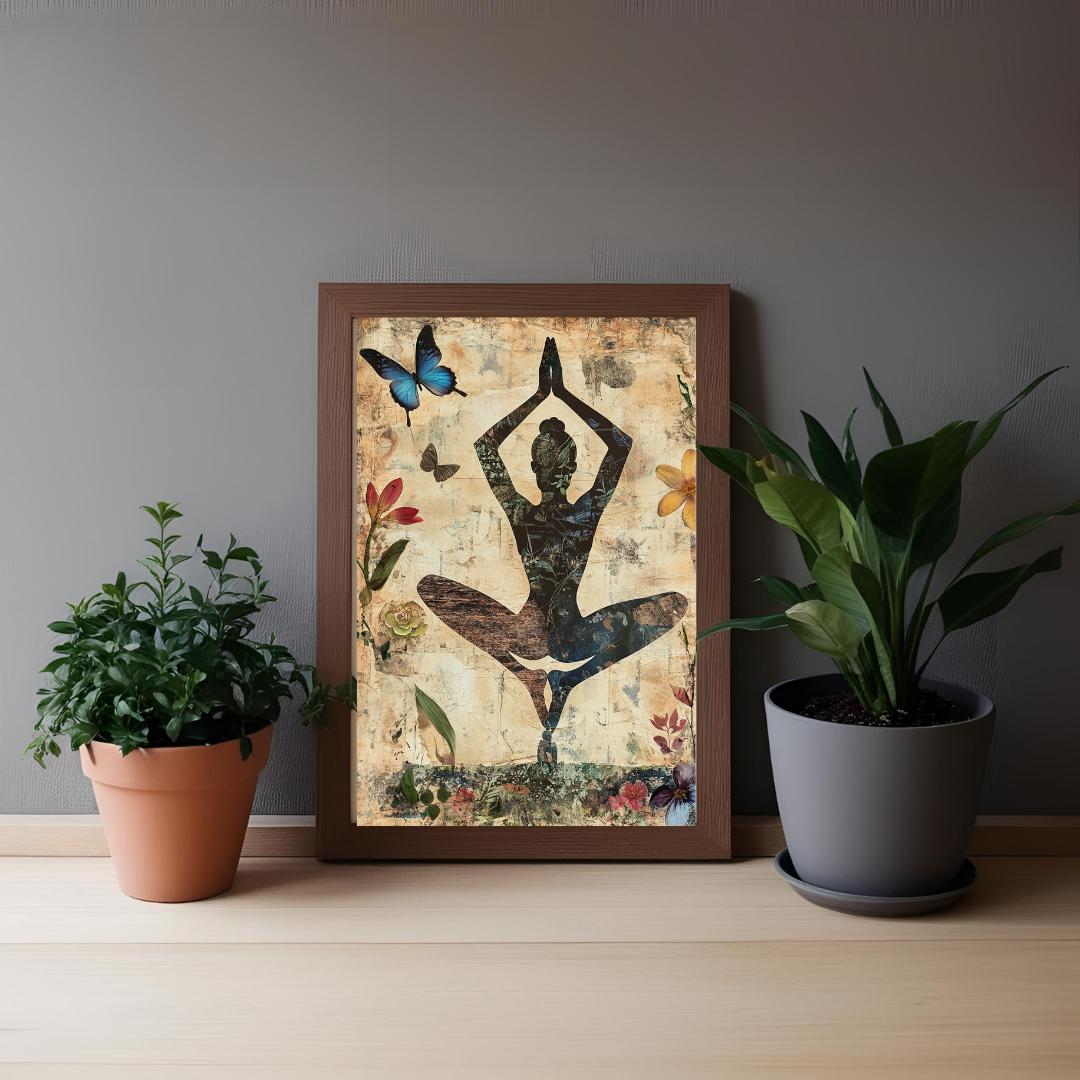 Digitales Yoga-Poster mit Frau in Balance-Pose und Schmetterlingen