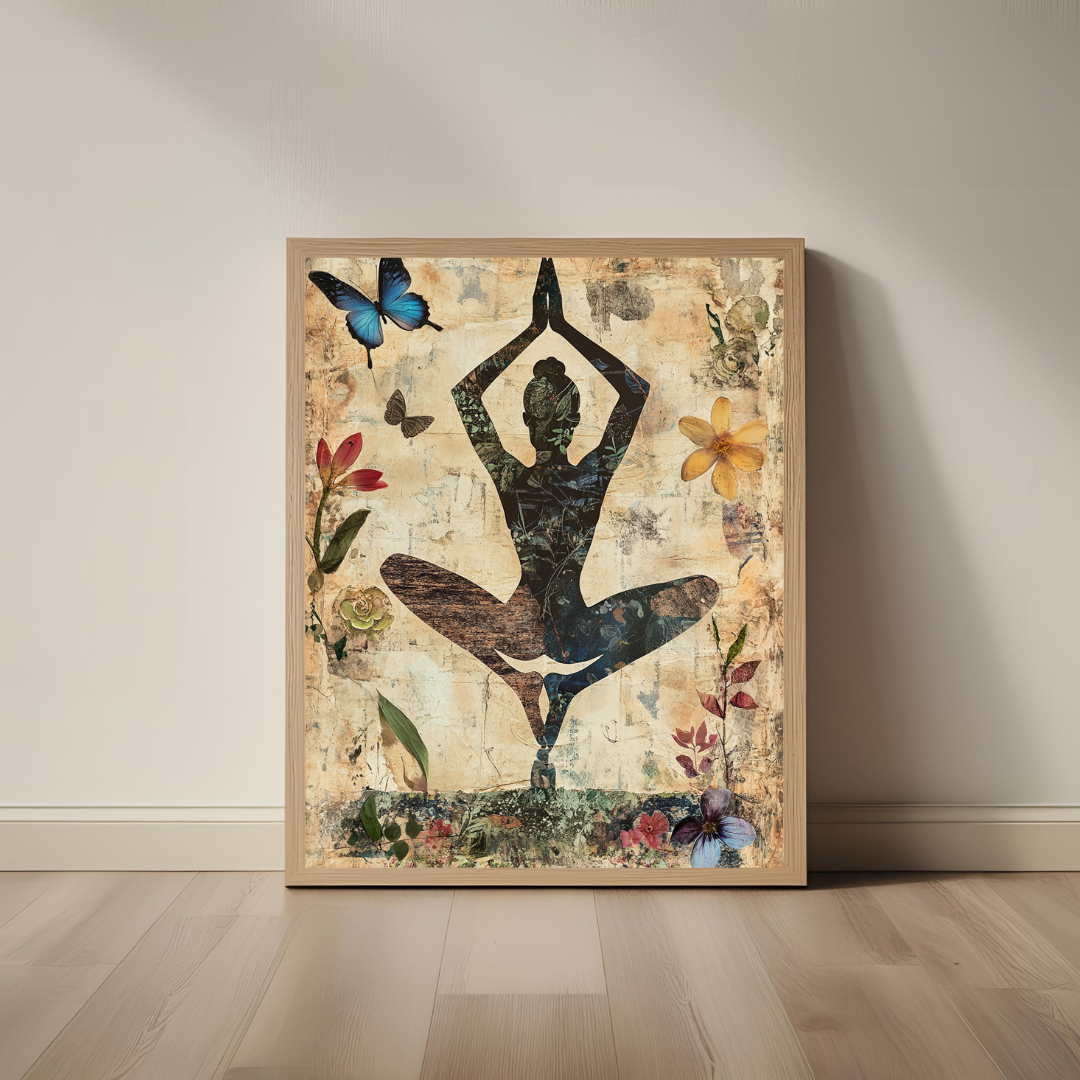 Florales Meditationsposter mit kraftvoller Silhouette und Boho-Elementen