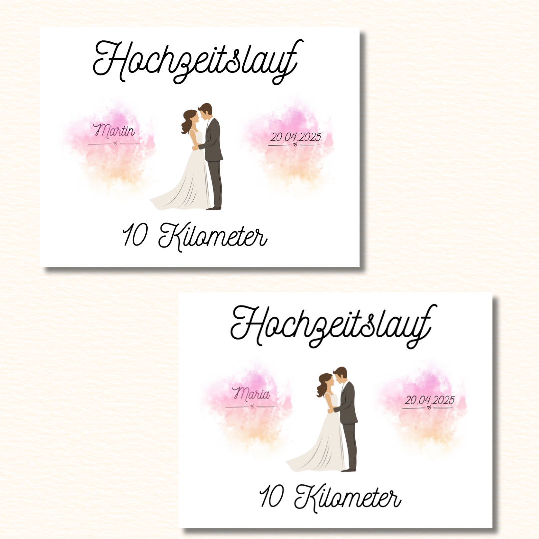 Hochzeitslauf-Startnummer im Aquarellstil mit Brautpaar und Datum