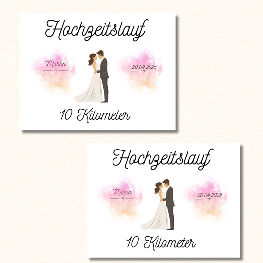 Hochzeitslauf-Startnummer im Aquarellstil mit Brautpaar und Datum