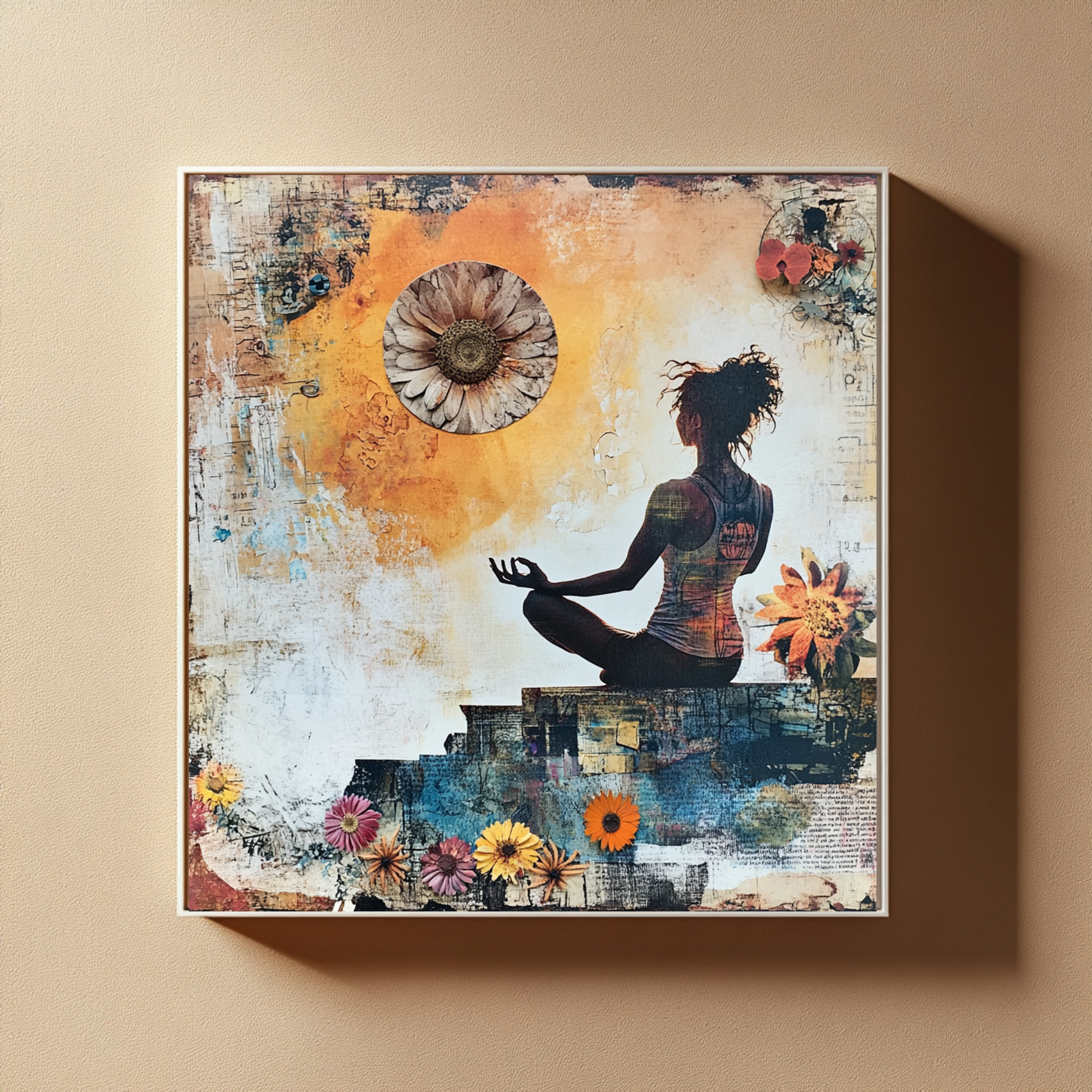 Digitales Meditationsbild im Collage-Stil mit Blumen und Sonnensymbol