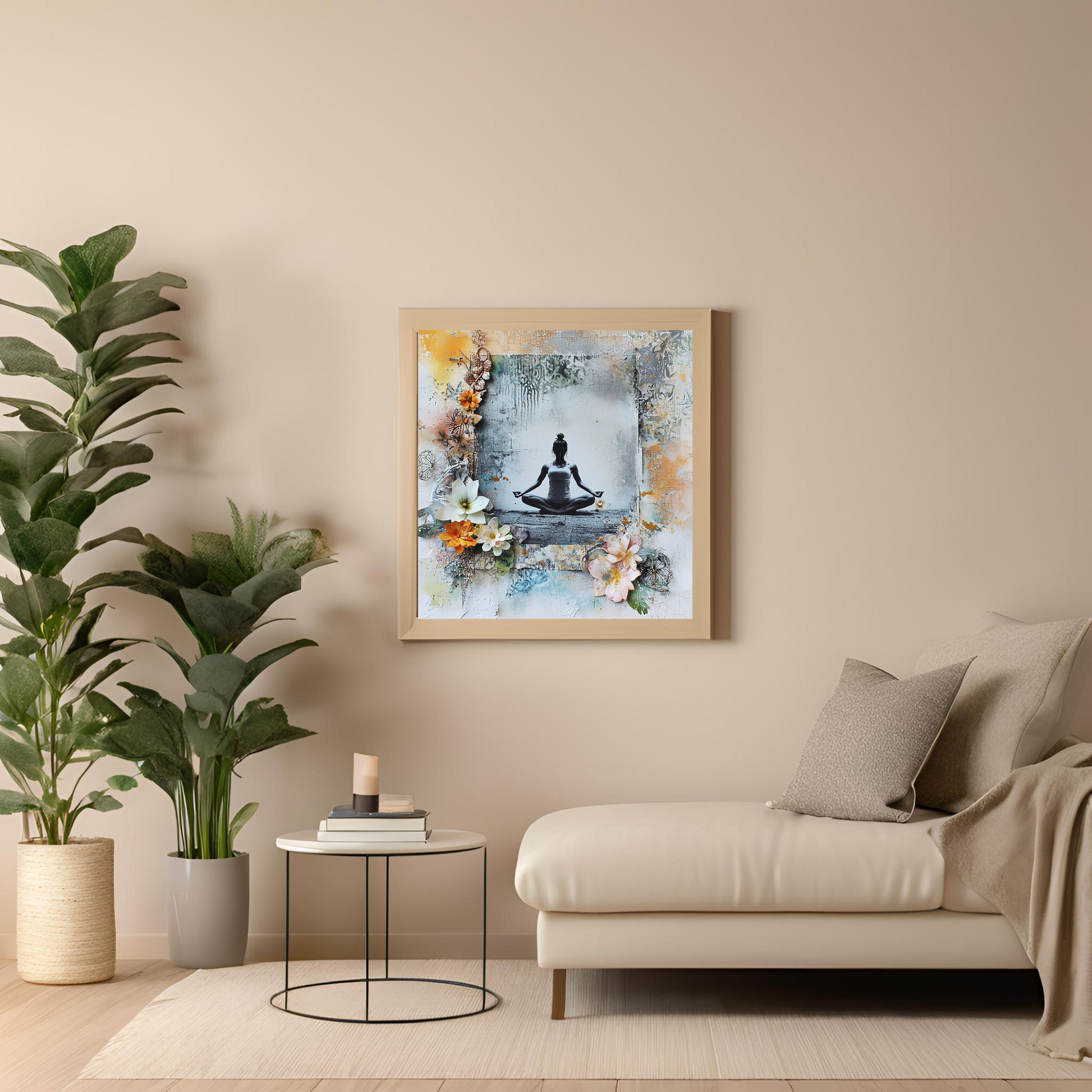 Kunstvolles Achtsamkeitsposter mit Blüten und strukturierter Wandfläche
