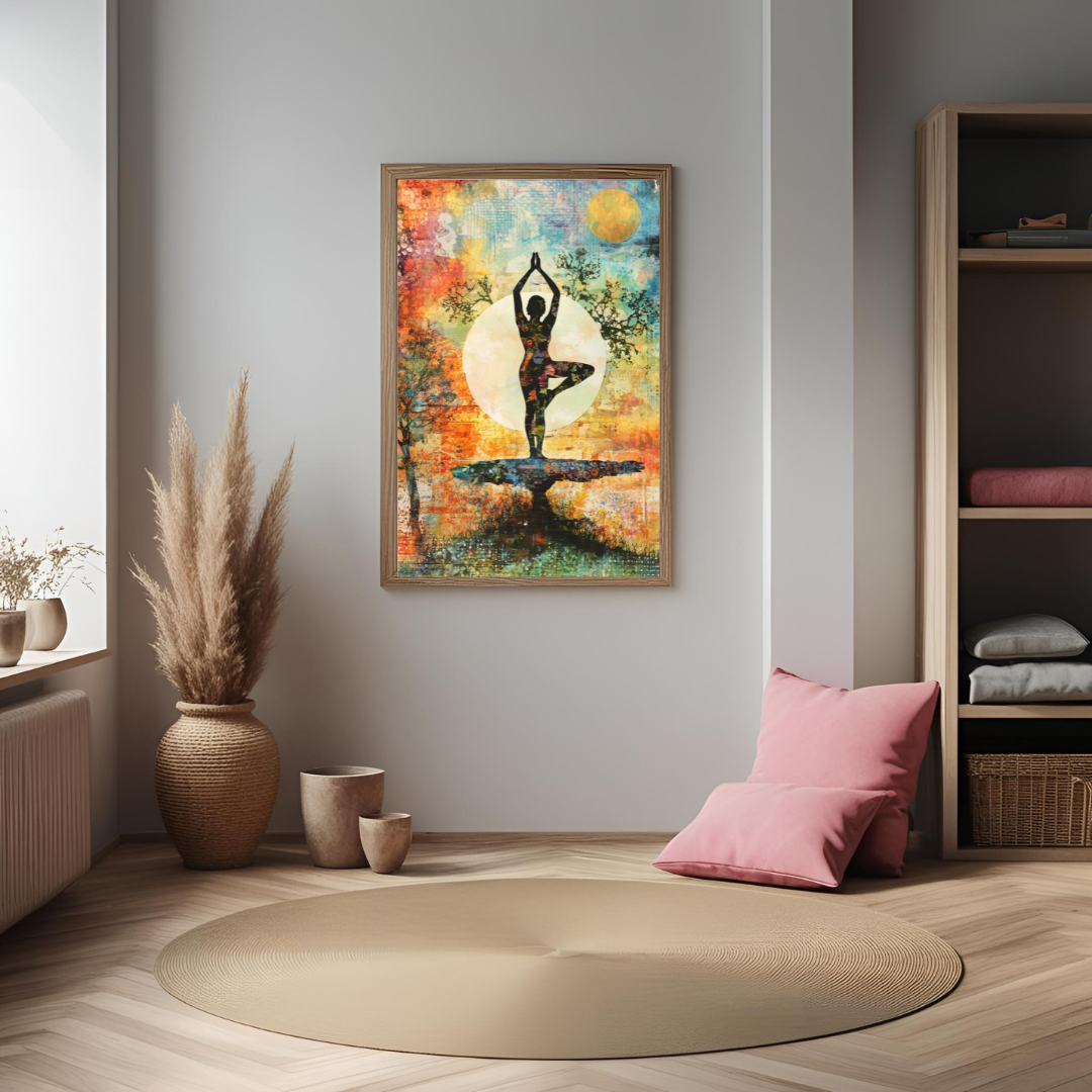 Poster mit Naturfarben und Silhouette in Yoga-Pose auf Plateau