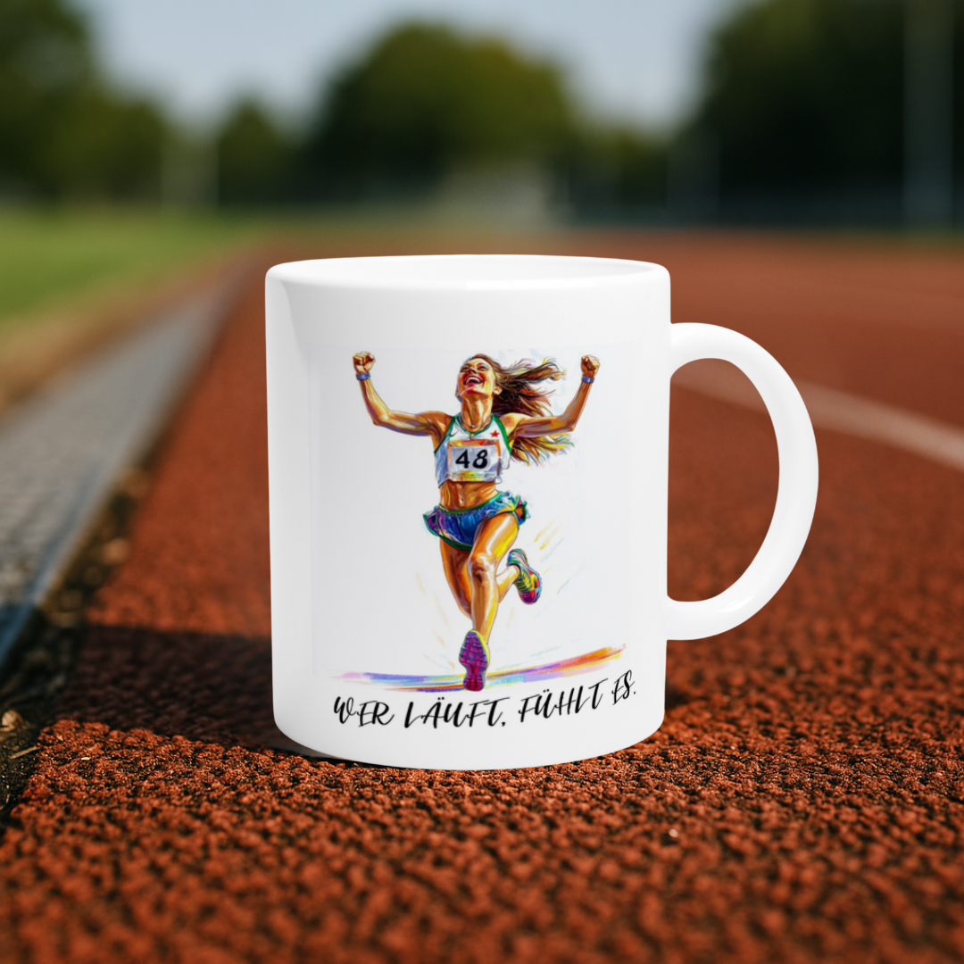 Tasse mit farbenfroher Läuferin im Ziel & Spruch „Wer läuft, fühlt es.“ – für Laufbegeisterte