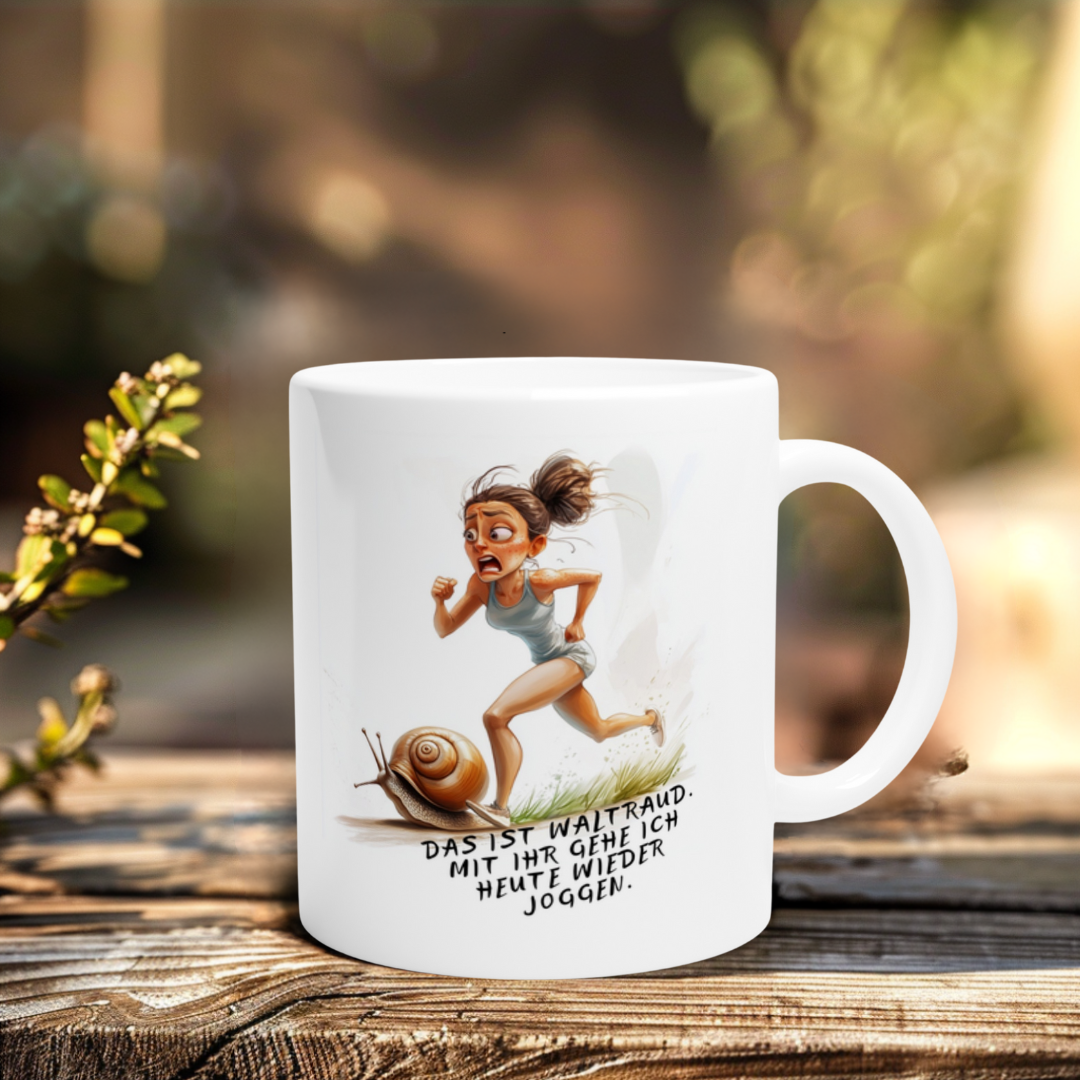 Witzige Lauftasse mit Joggerin und Schnecke – ideales Geschenk für Läuferinnen