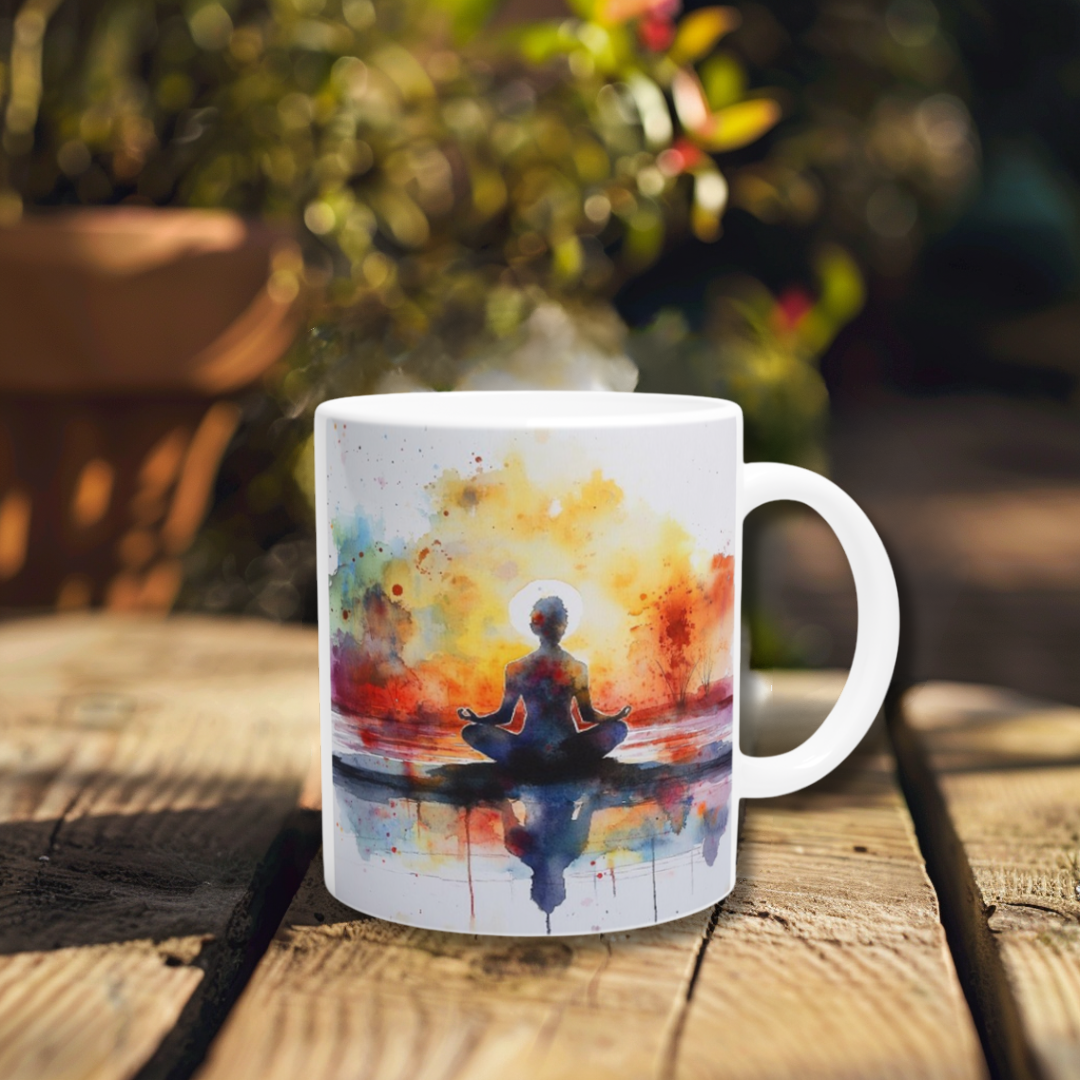 Detailansicht der Tasse mit Om-Symbol und spirituellem Spruch