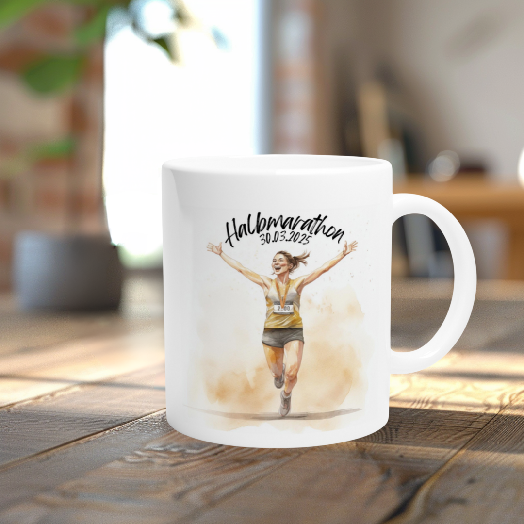 Halbmarathon-Tasse mit Läuferin – personalisiert mit Datum und Name