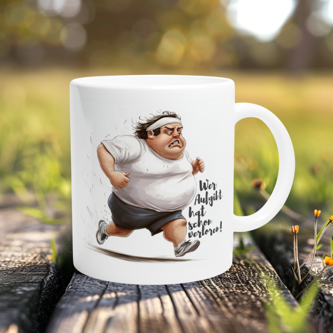 Lustige Motivationstasse mit Jogger – Wer aufgibt hat verloren