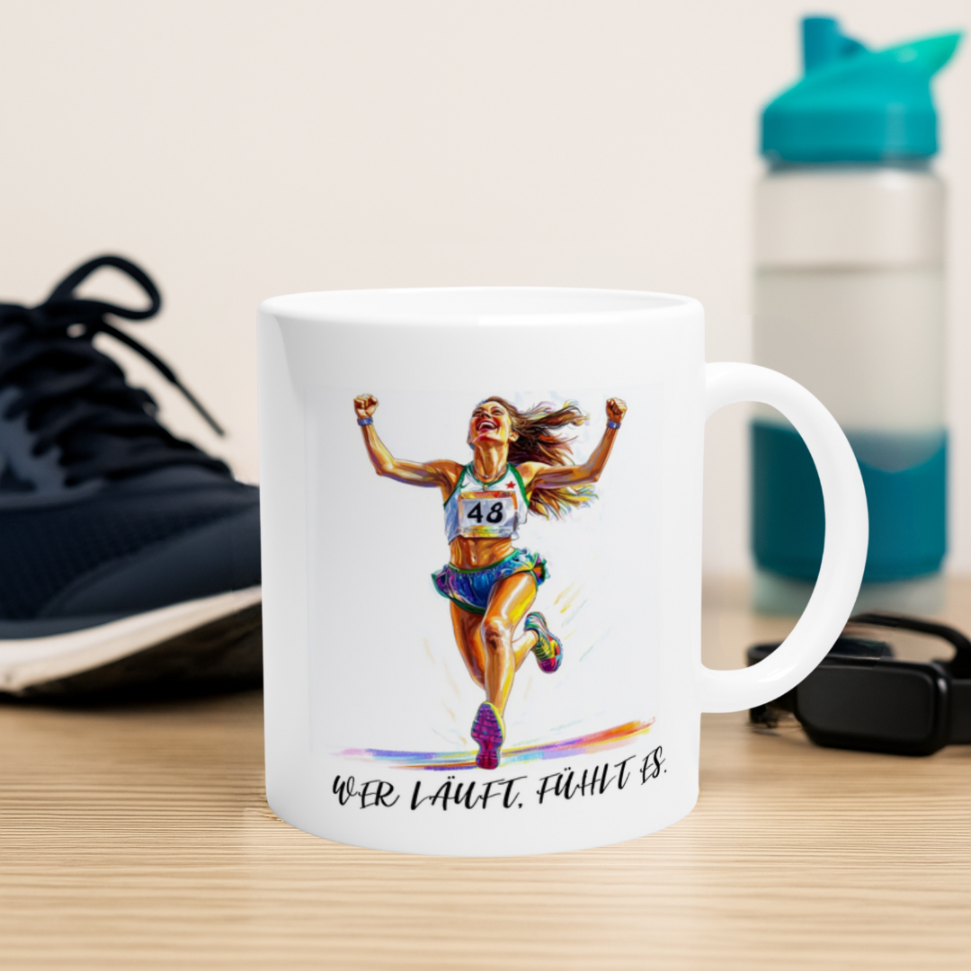 Kaffeetasse mit Laufmotiv und Jubelmoment – Geschenk für sportliche Frauen