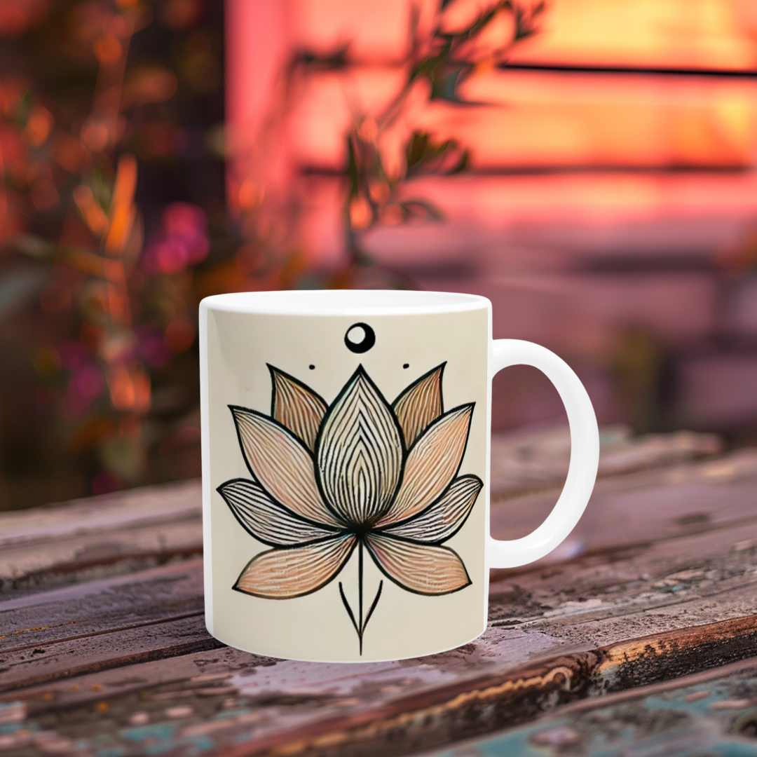 Naturfarbene Keramiktasse mit spirituellem Blütenmotiv – ideal für Journaling & Yoga
