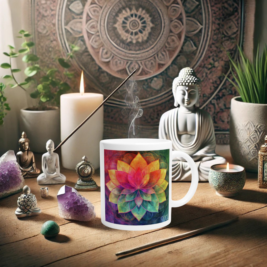 Yoga-Tasse mit farbintensivem Lotusblumenprint – Geschenk für spirituelle Frauen