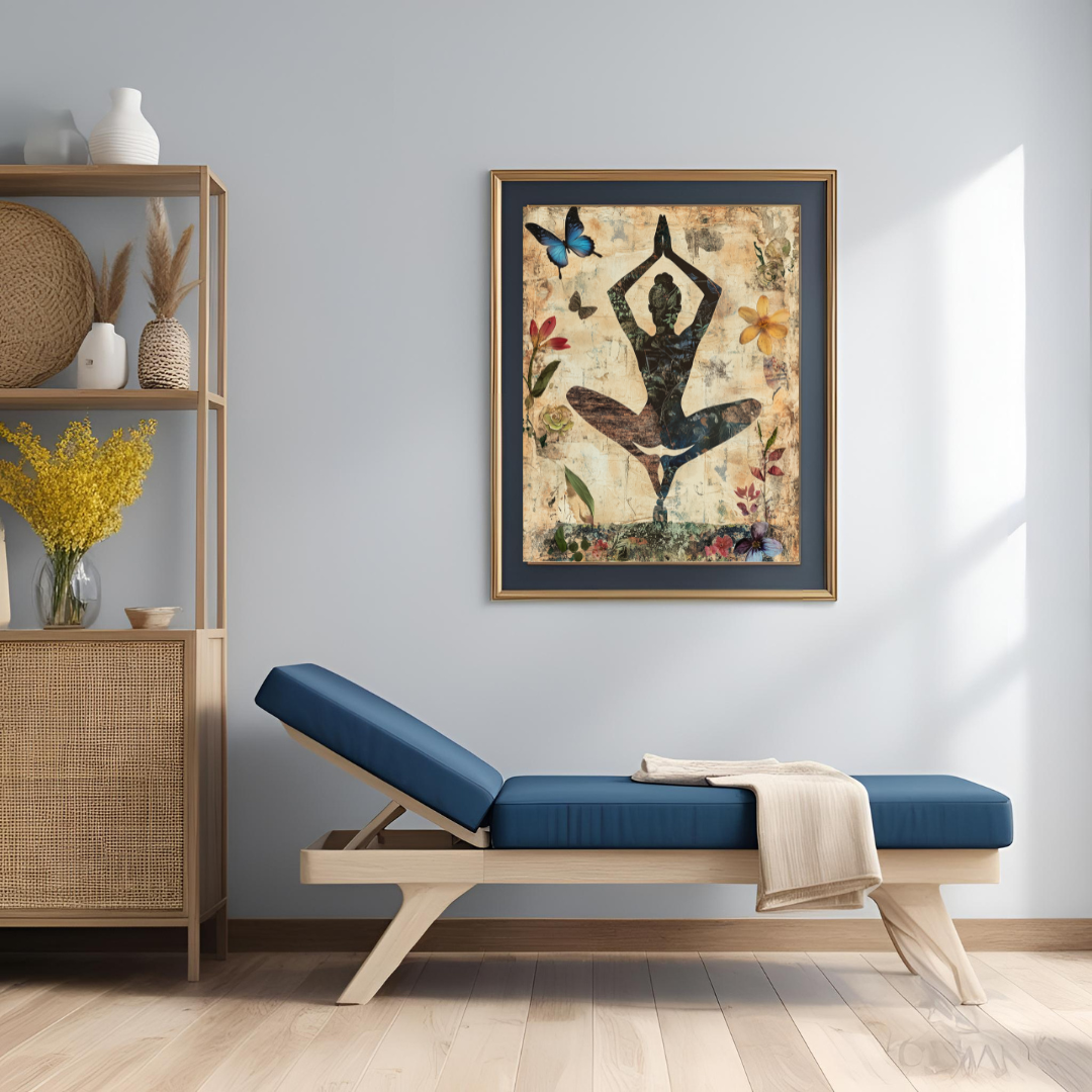 Achtsamkeitskunst mit Yoga-Figur, Blumenrahmen und Schmetterlingen