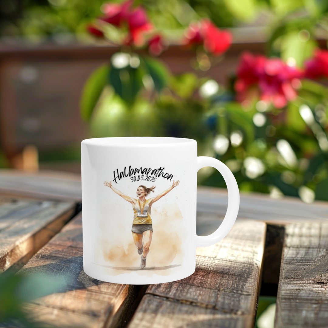 Tasse mit Jubelmotiv für Läuferin – personalisierbar für besondere Läufe