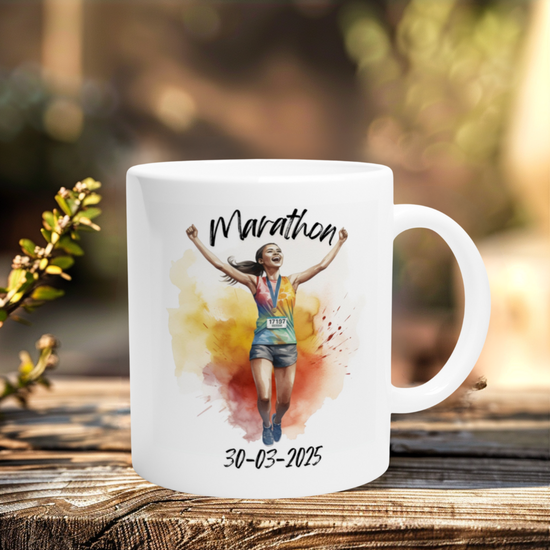 Läuferin mit Medaille auf Tasse – personalisiertes Marathon-Geschenk