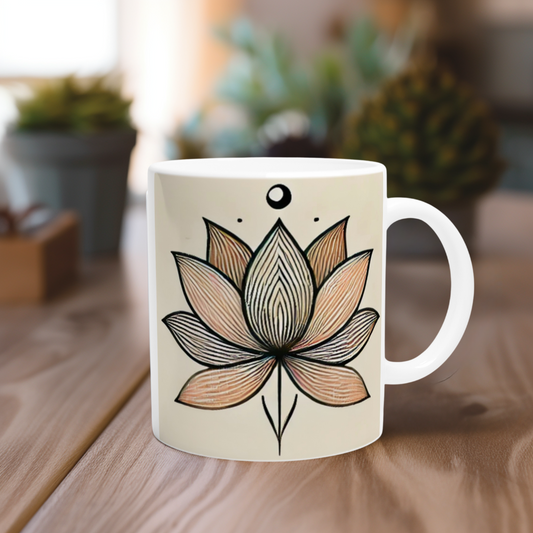 Tasse mit feiner Lotusblume in Boho-Stil – Symbol für Achtsamkeit & Neuanfang