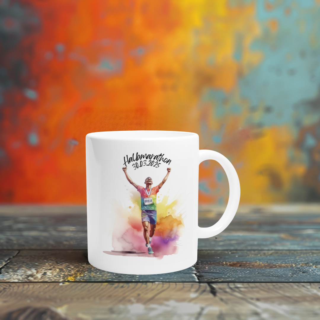 Personalisiertes Läufergeschenk – Tasse mit Marathonmotiv und Startnummer