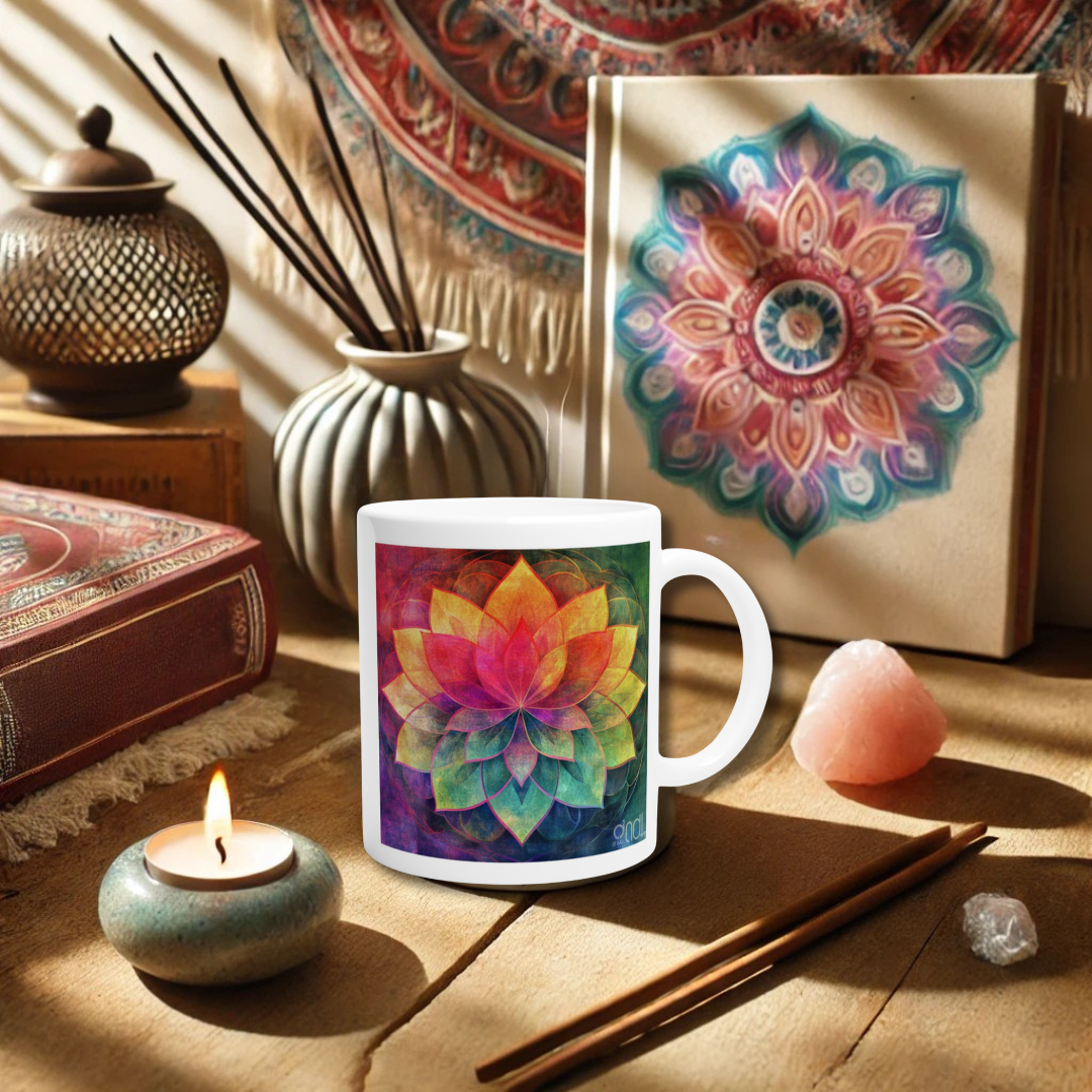 Keramiktasse mit bunter Lotusblume – inspiriert von Yoga & Chakra-Energie