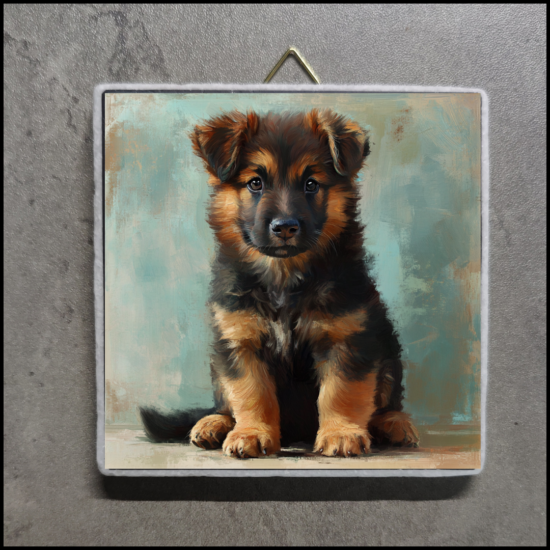 Handgefertigte Marmorfliese mit Schäferhund-Welpen – 10x10x1 cm Natursteinfliese, detailreich und einzigartig, versicherter Versand inklusive

