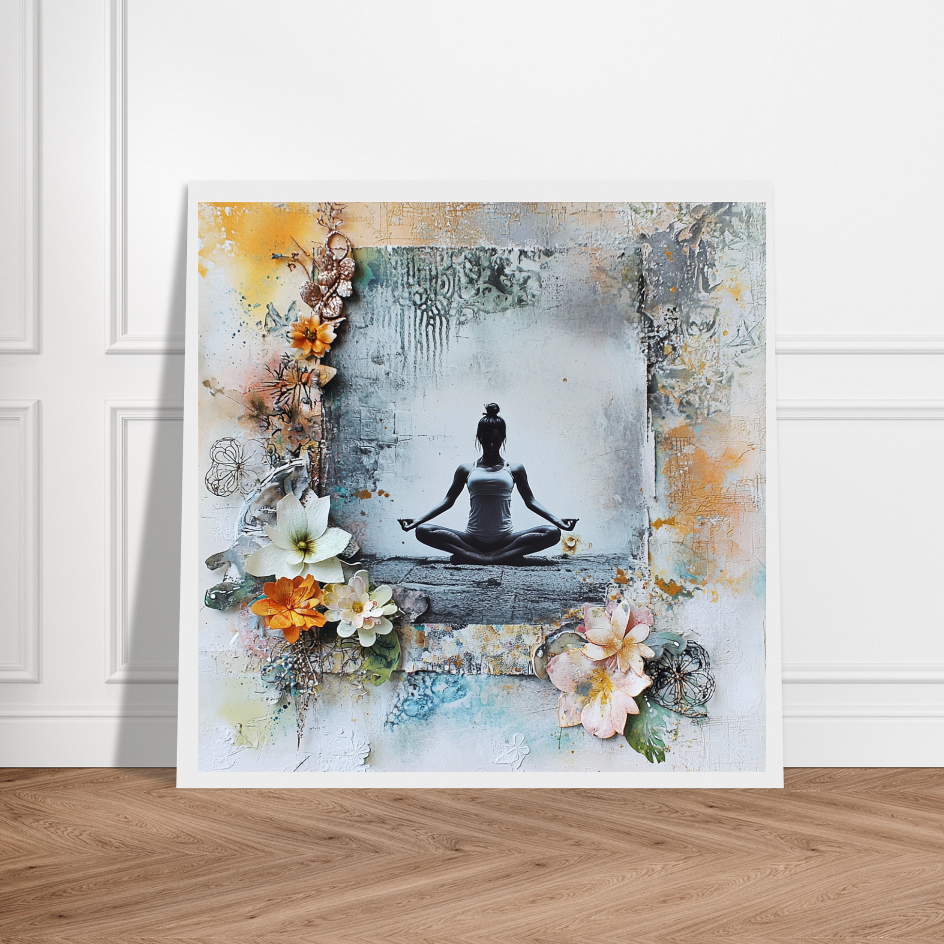 Spirituelles Wandbild mit meditierender Figur und floralen Akzenten