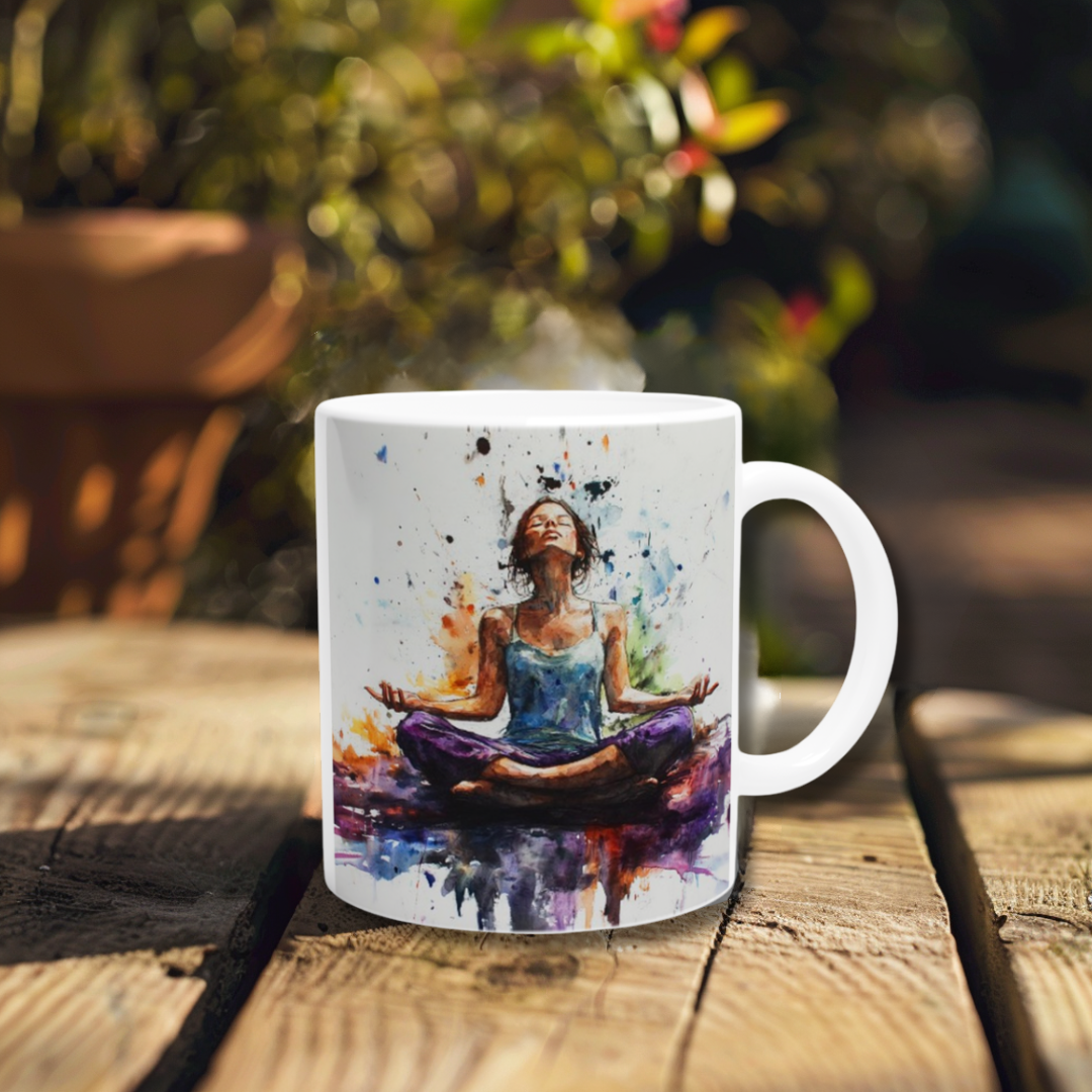 Farbige Tasse mit yogischer Frau – inspiriert von Meditation & Lebensfreude