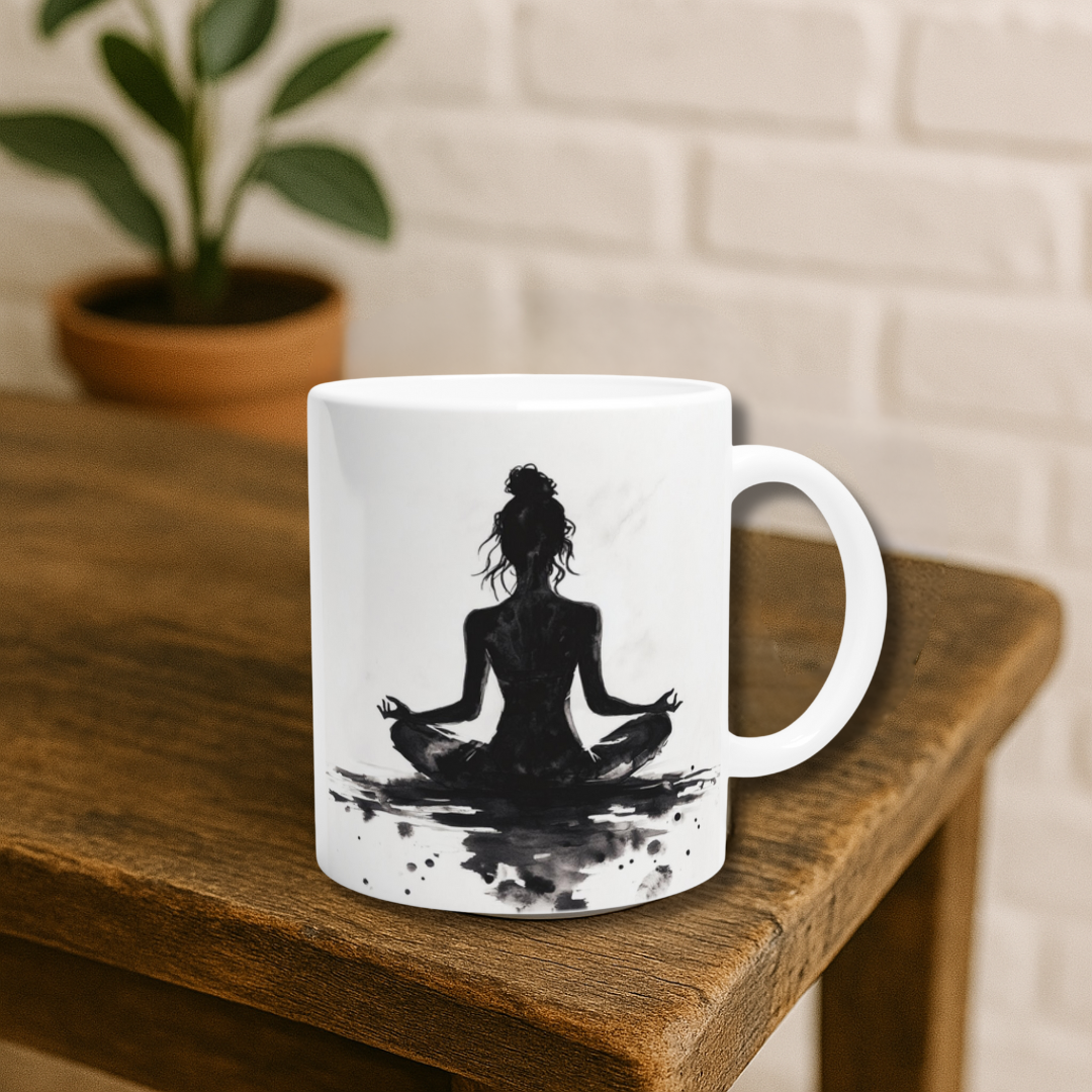 Minimalistische Meditationstasse mit weiblicher Figur im Lotussitz – Geschenkidee für Yogis