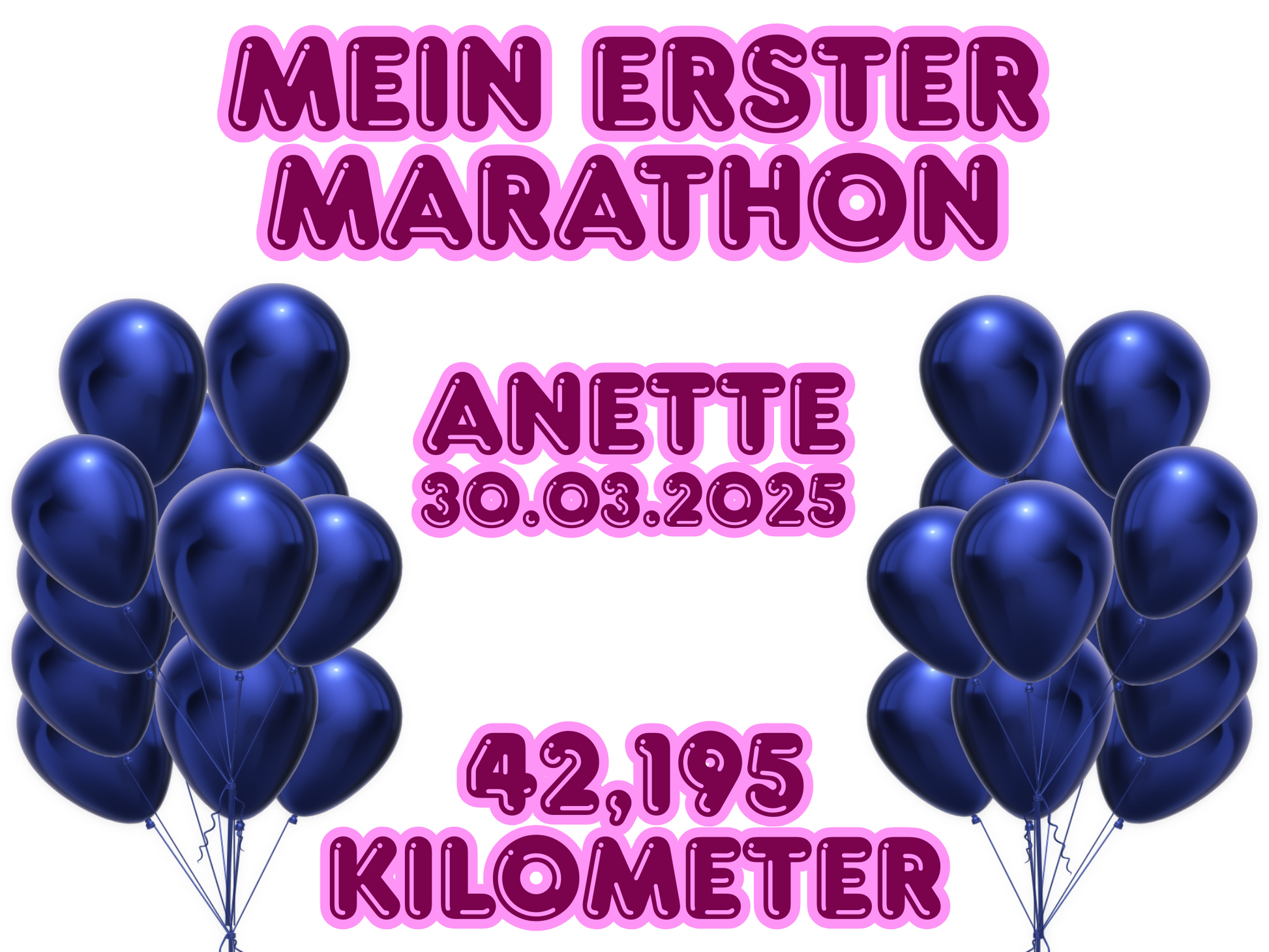 Blaue Ballons und pinke Schrift auf personalisierter Marathonnummer
