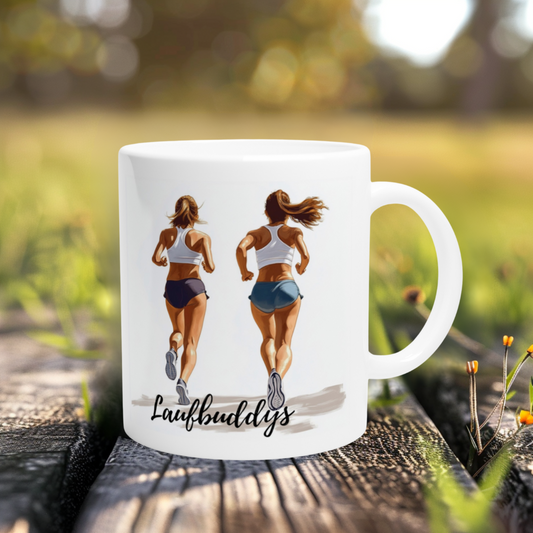 Lauftasse mit zwei joggenden Frauen – Geschenk für Freundinnen