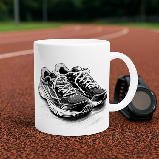Keramiktasse mit stilvollen schwarzen Laufschuhen als Motiv