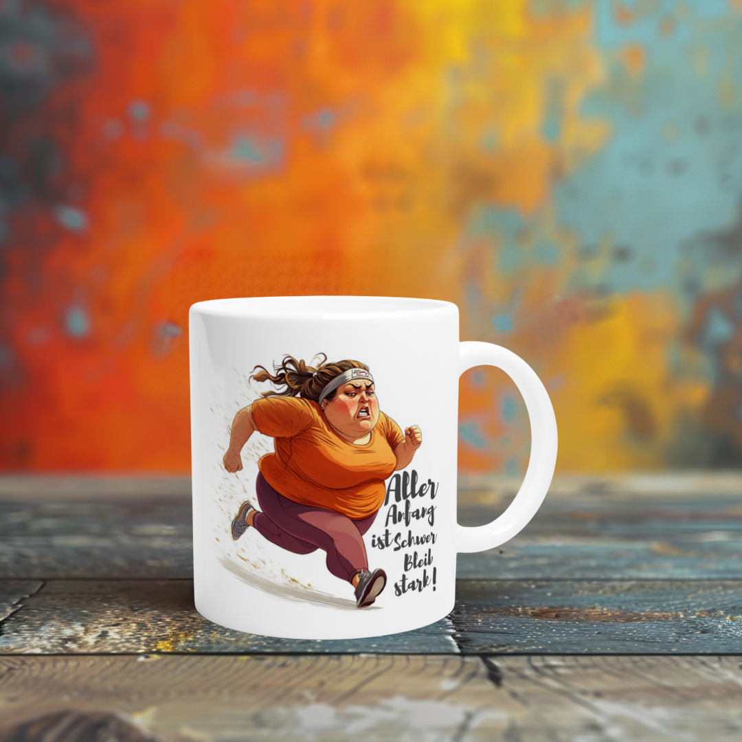 Tasse mit joggender Frau & Spruch „Aller Anfang ist schwer – bleib stark!“