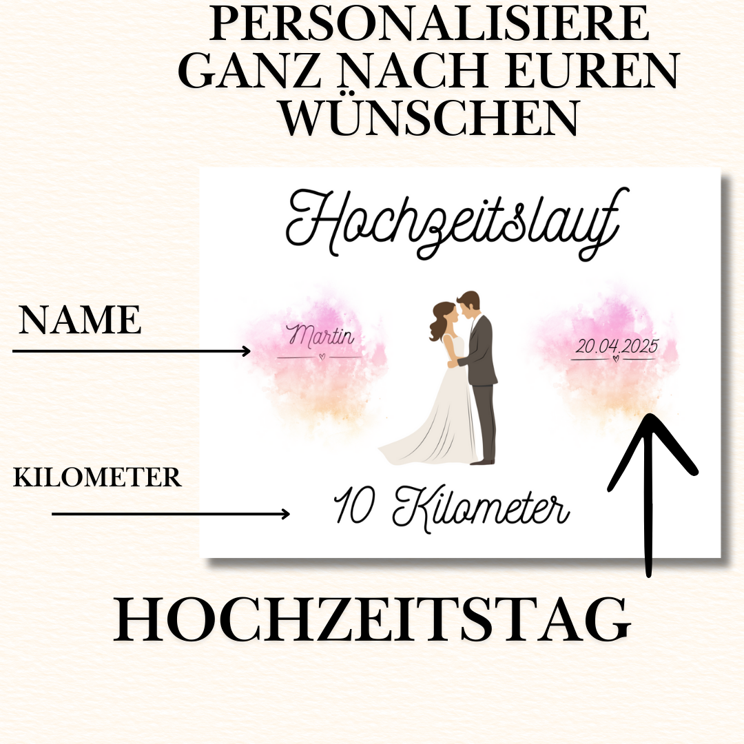 Elegante Hochzeitslauf-Startnummer mit liebevoller Brautpaargrafik