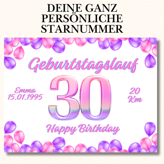 Personalisierte Geburtstagslauf-Startnummer mit Ballonmotiv und Zahl 30