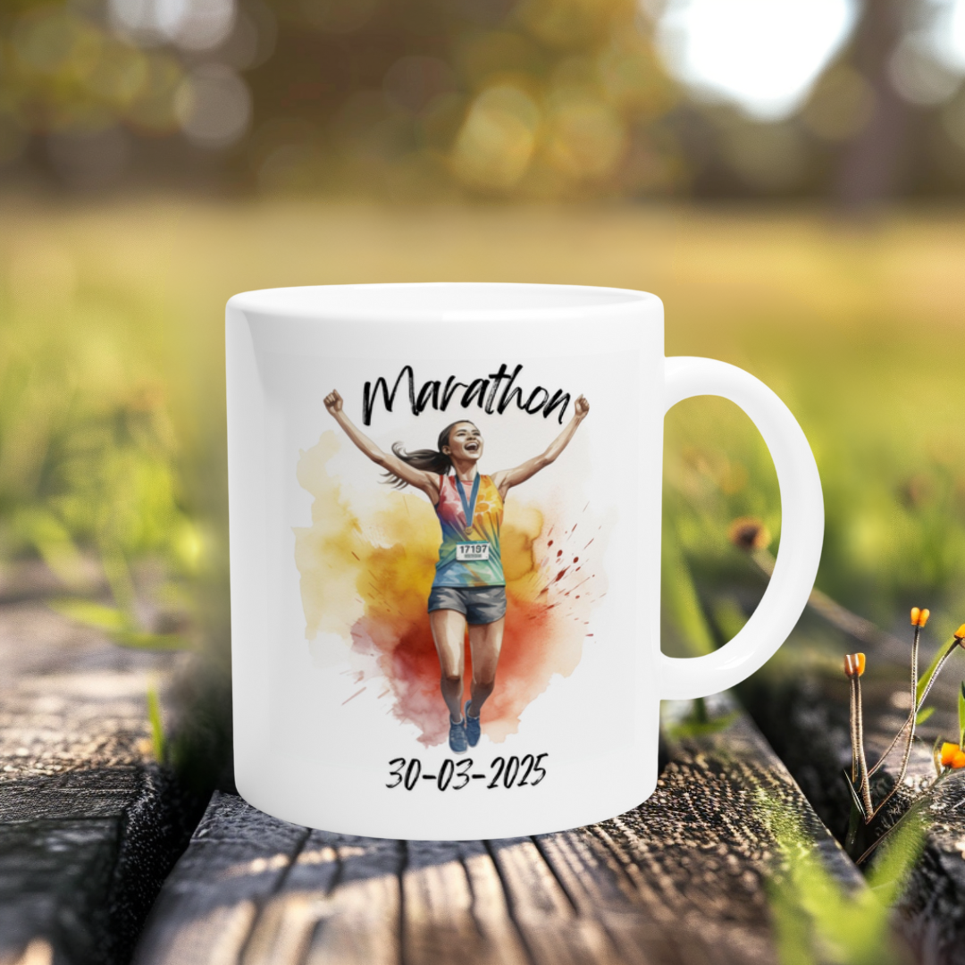 Geschenkidee für Marathonläuferin – Tasse mit Datum und Startnummer