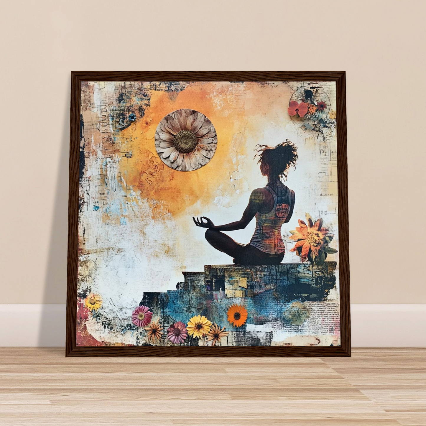 Kraftvolles Wandbild mit meditierender Figur und warmer Energie