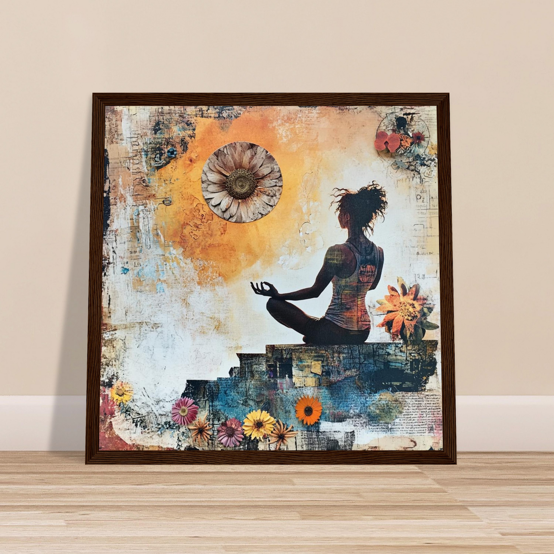 Kraftvolles Wandbild mit meditierender Figur und warmer Energie