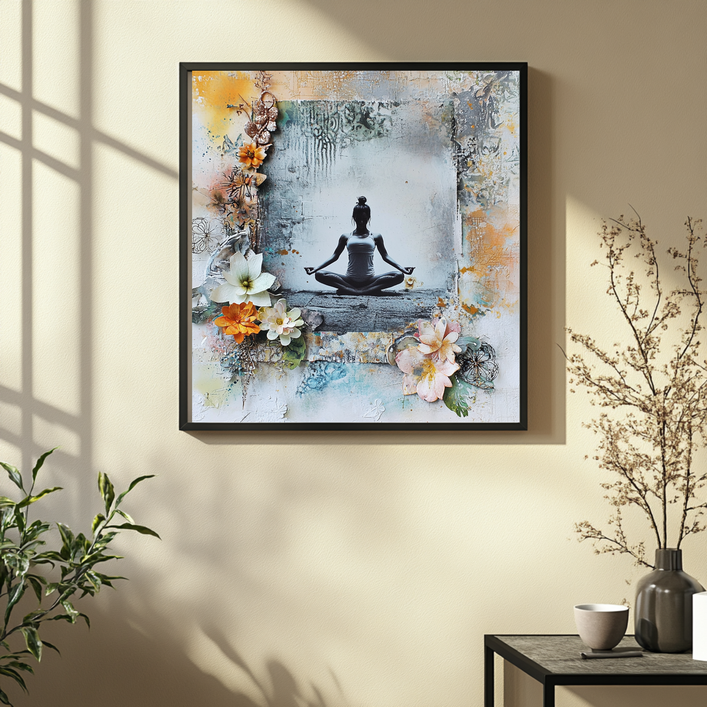 Digitales Meditationsposter zum Ausdrucken in Vintage-Stil mit Blüten