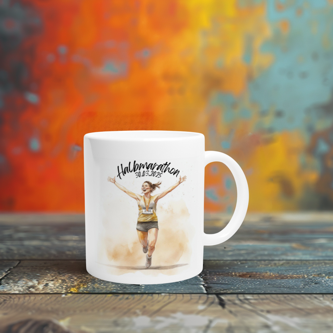 Kaffeetasse zur Erinnerung an Halbmarathon – Startnummer und Name möglich