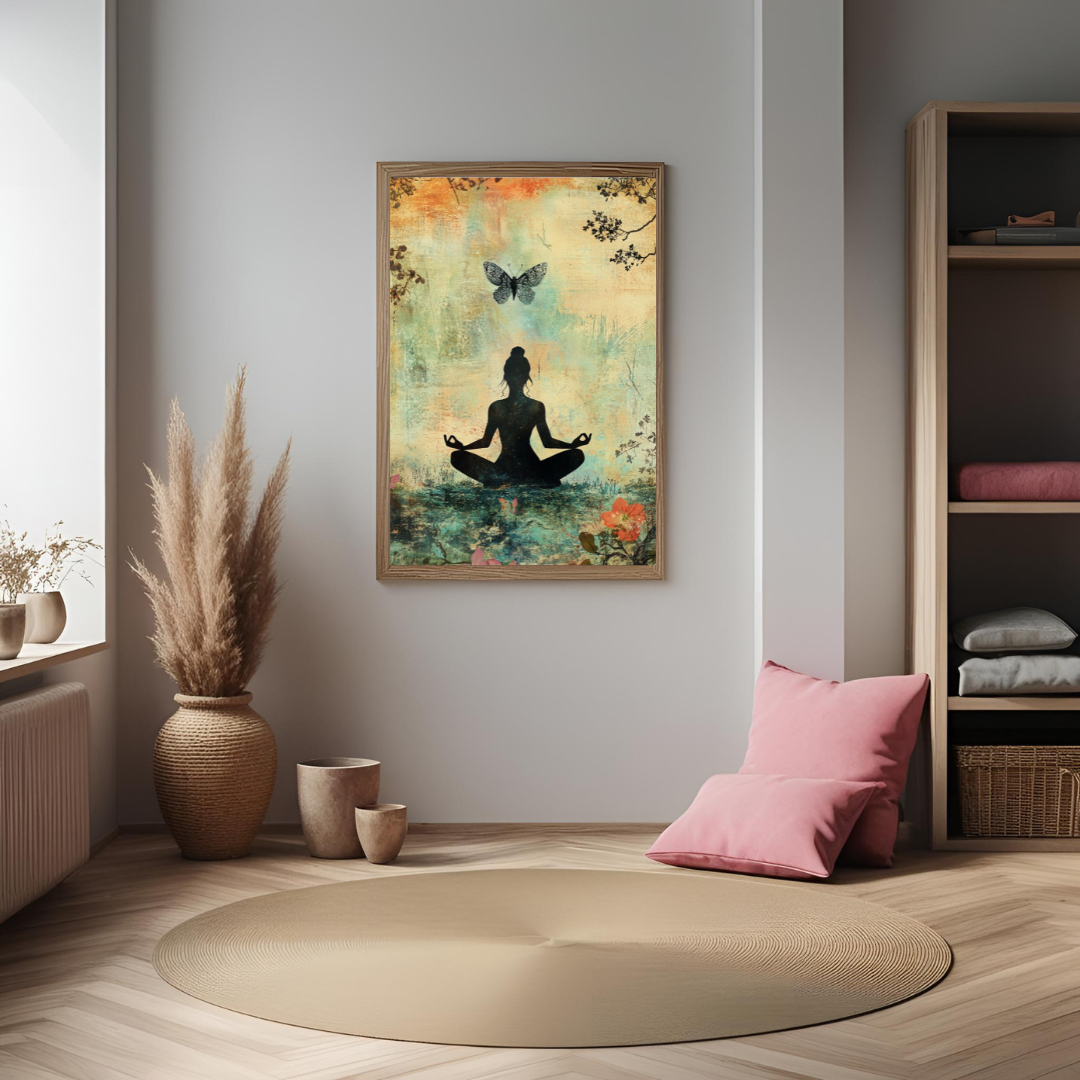 Digitales Meditationsposter im Boho-Stil mit Naturfarben und Friedensthema