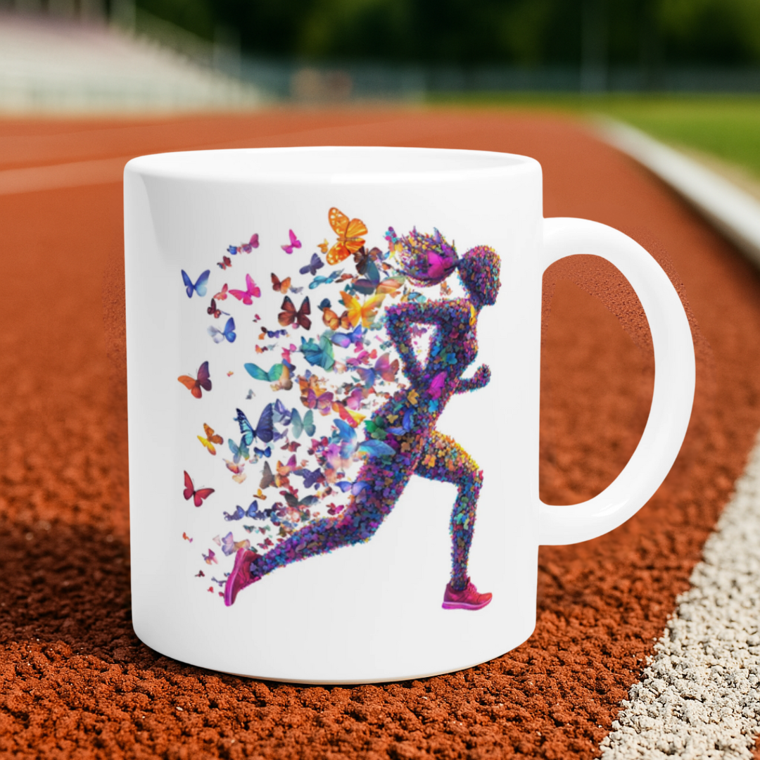 Keramiktasse mit bunter Joggerin aus Schmetterlingen