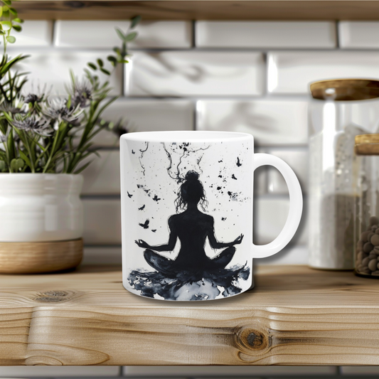 Tasse mit schwarzer Silhouette einer meditierenden Frau – Symbol für Ruhe und Fokus
