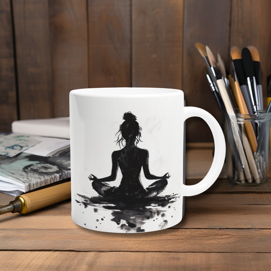 Tee- oder Kaffeetasse mit Meditationsdesign – perfekt für bewusste Morgenmomente
