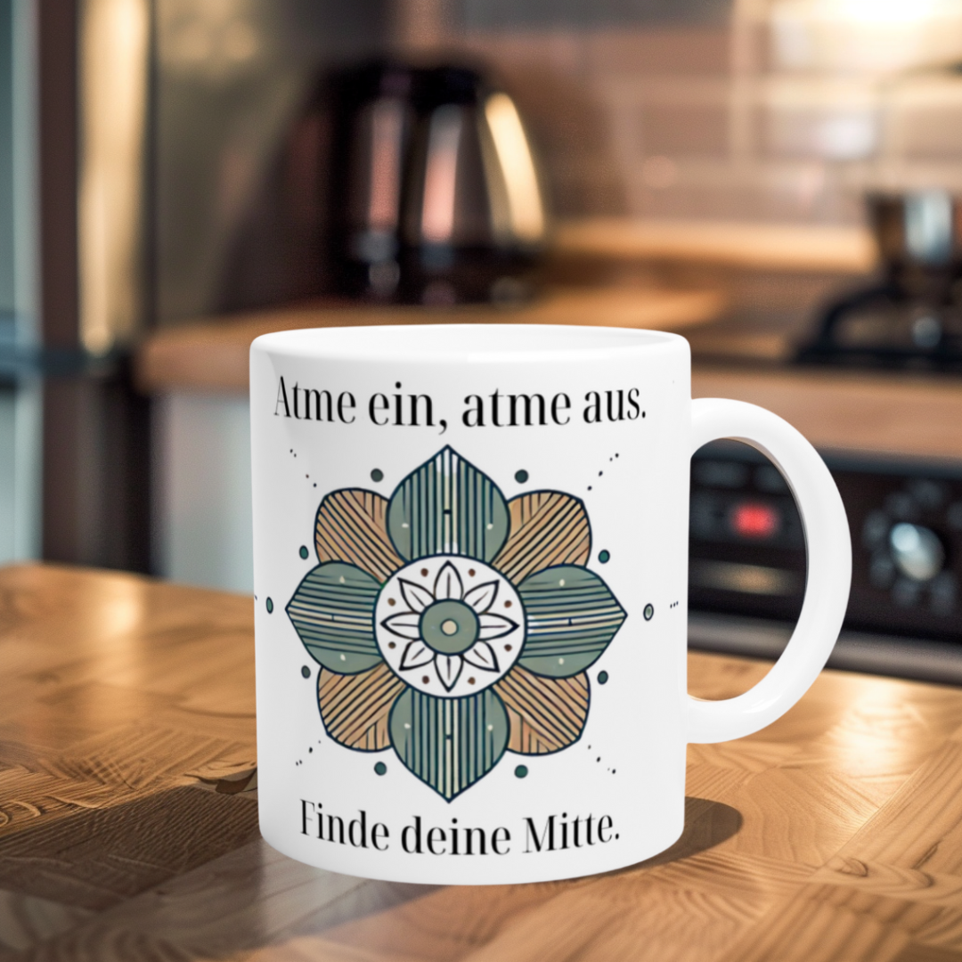 Keramiktasse mit Naturfarben-Mandala & Spruch für Yoga, Selfcare & Entschleunigung