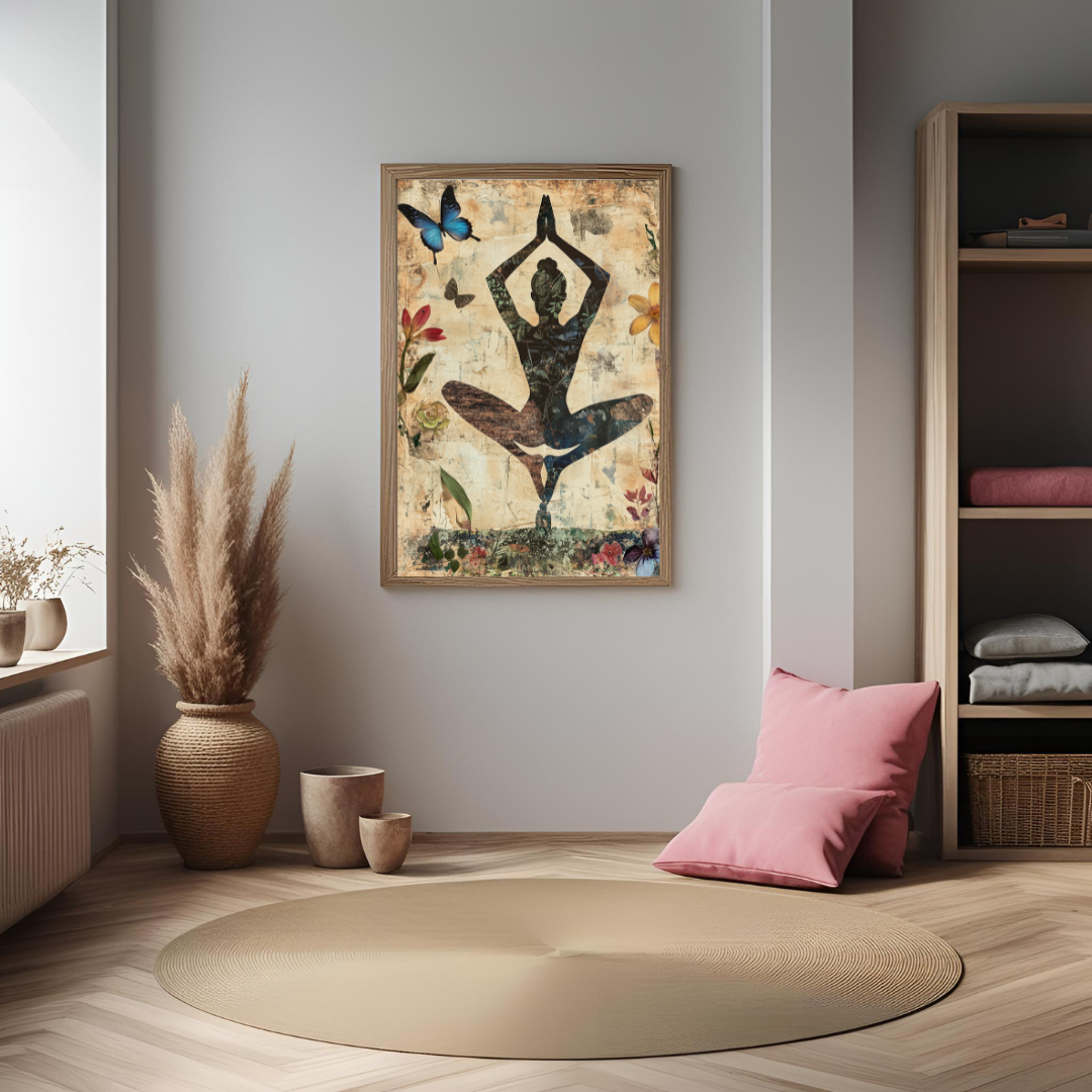 Farbenfrohes Wandbild mit Yoga-Thema und Leichtigkeitssymbolik